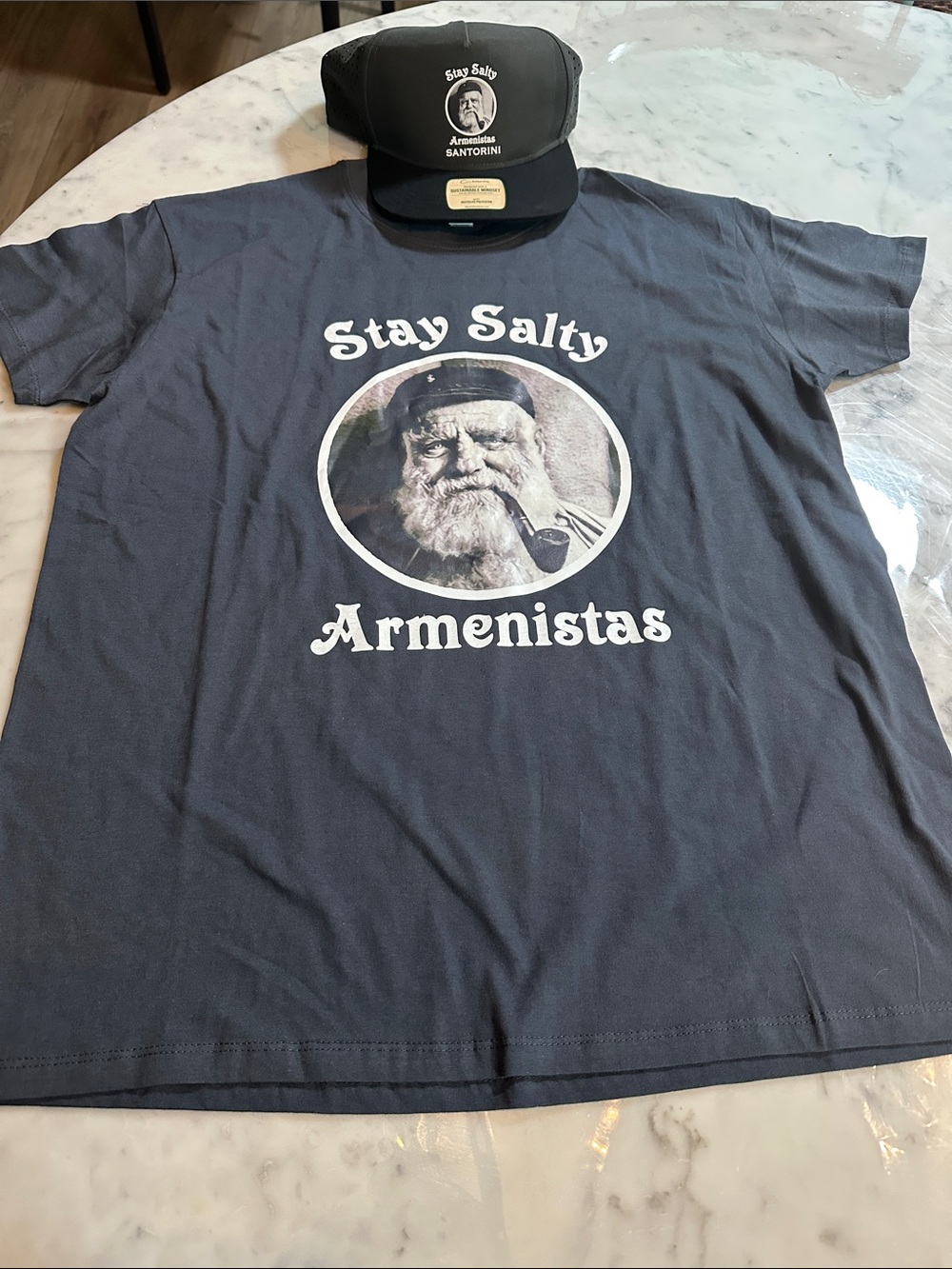 Stay Salty Armenistas Santorini Gray Graphic T-Shirt & Hat Set New